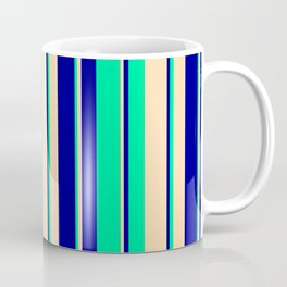 [ Thumbnail: Tan, Dark Blue & Green Colored Stripes/Lines Pattern Coffee Mug ]