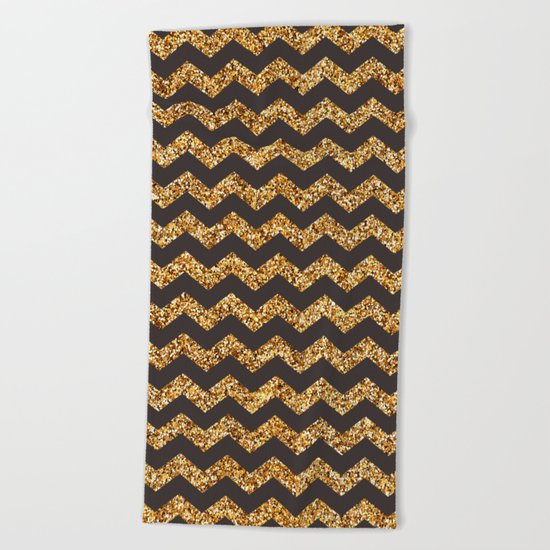 Dark Brown Gold Glitter Chevron Beach Towel