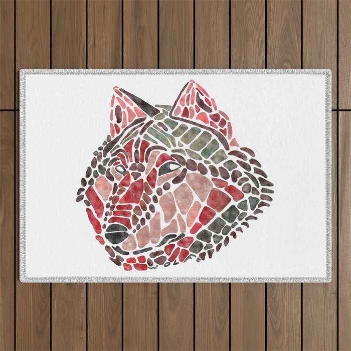 Red Wolf Painted Mosaic Illustration Outdoor Rug