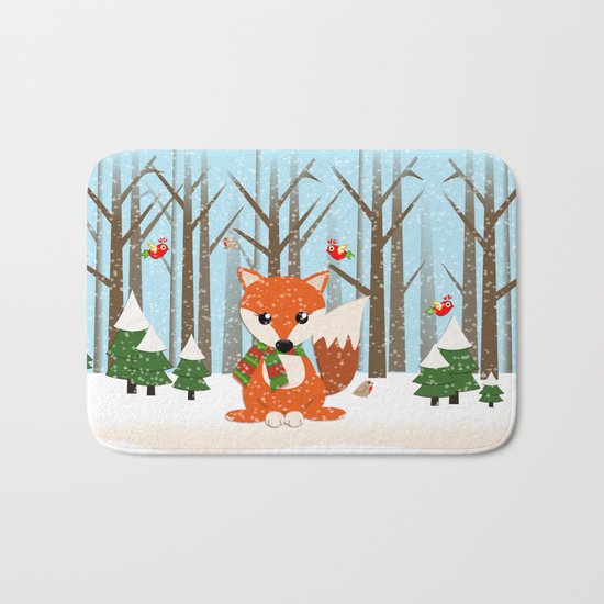 Cute winter fox with a red / green scarf, Bath Mat