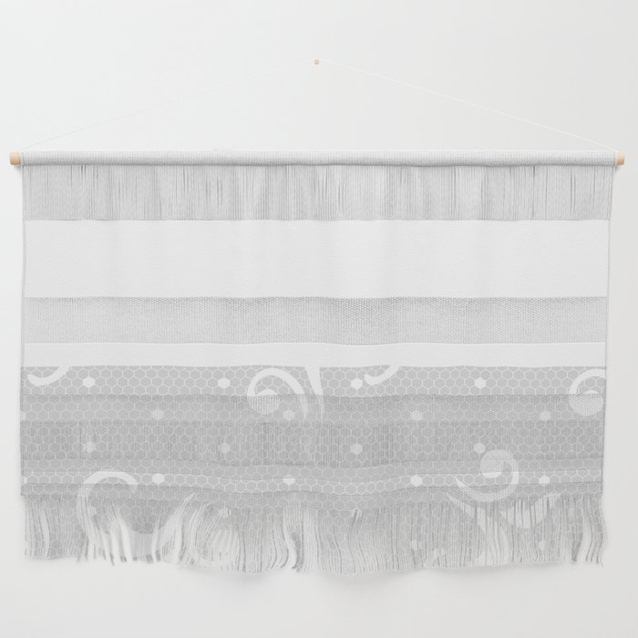White Floral Curls Lace Horizontal Split on Silver Grey Wall Hanging