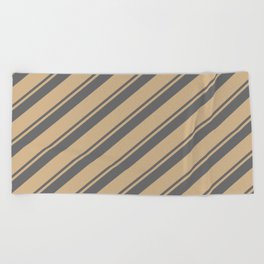 [ Thumbnail: Dim Gray & Tan Colored Lined Pattern Beach Towel ]