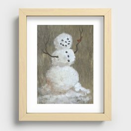 Rustic Snowman And Little Red Bird, A Warm Friendship, Small Crop Recessed Framed Print