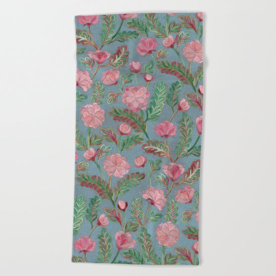 Soft Smudgy Pink and Green Floral Pattern Beach Towel