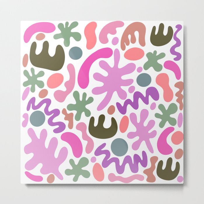 Squiggly Summer Leaves - Pink Green Coral Metal Print