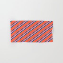 [ Thumbnail: Violet, Teal & Red Colored Lines/Stripes Pattern Hand & Bath Towel ]