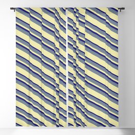 [ Thumbnail: Slate Gray, Pale Goldenrod & Midnight Blue Colored Striped/Lined Pattern Blackout Curtain ]