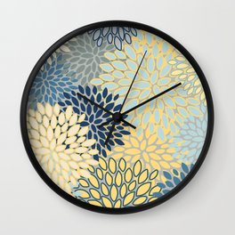 Floral Print, Yellow, Gray, Blue, Teal Wall Clock