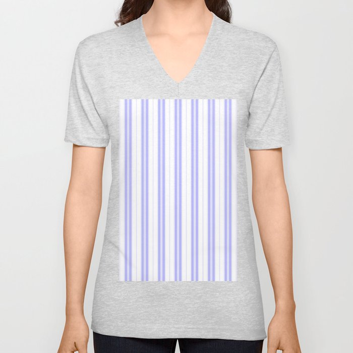 Periwinkle Blue and White Vertical Vintage American Country Cabin Ticking Stripe V Neck T Shirt
