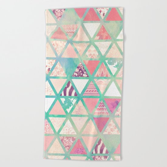 Pink Turquoise Abstract Floral Triangles Patchwork Beach Towel