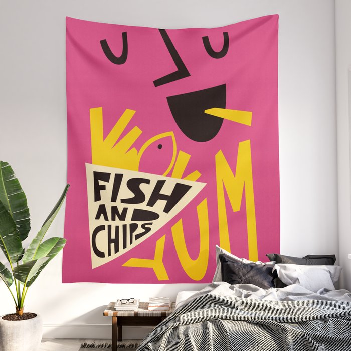 Yum Fish And Chips Wall Tapestry by Fox And Velvet