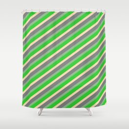 [ Thumbnail: Dark Sea Green, Lime Green, Tan, and Grey Colored Stripes/Lines Pattern Shower Curtain ]