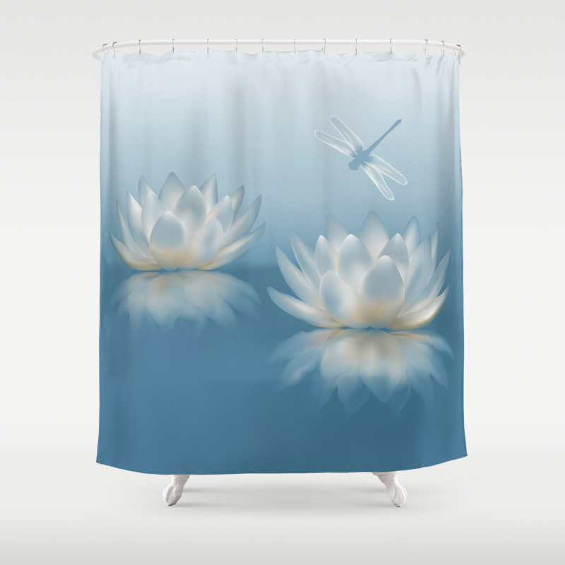 Blue Lotus And Dragonfly Shower Curtain By Fantasyartdesigns