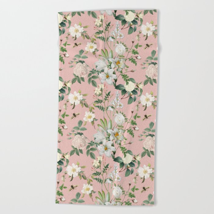 White Flowers Lush Floral Botanical Pattern & Pink Hibiscus Color  Beach Towel