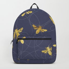 Flying Gold Bees On A Dark Blue Background Backpack | Graphicdesign, Darkblue, Bees, Dottedlines, Pattern, Gold 