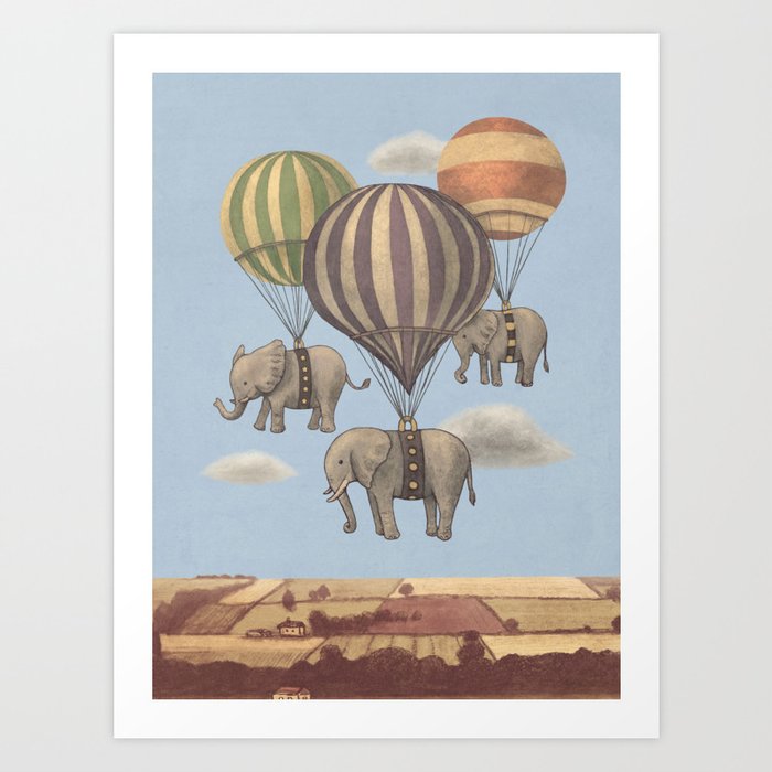 Flight of the Elephants - blue option Art Print