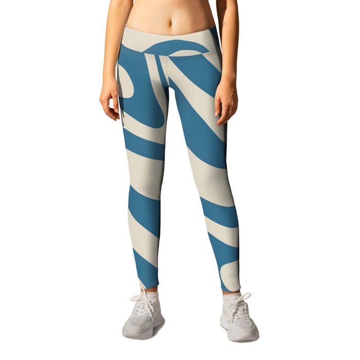 New Groove Retro Swirl Abstract Pattern Boho Blue and Beige Leggings