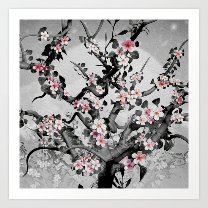 Black & White Cherry Blossom Tree Original Painting. Cute mini