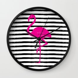 Flamingo & Stripes - Black Hot Pink Wall Clock