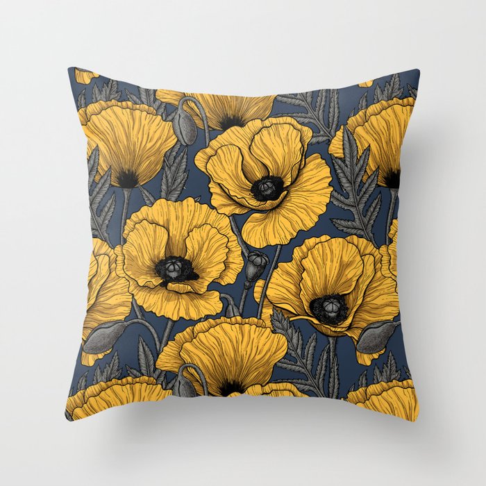 Yellow poppy garden on navy Throw Pillow