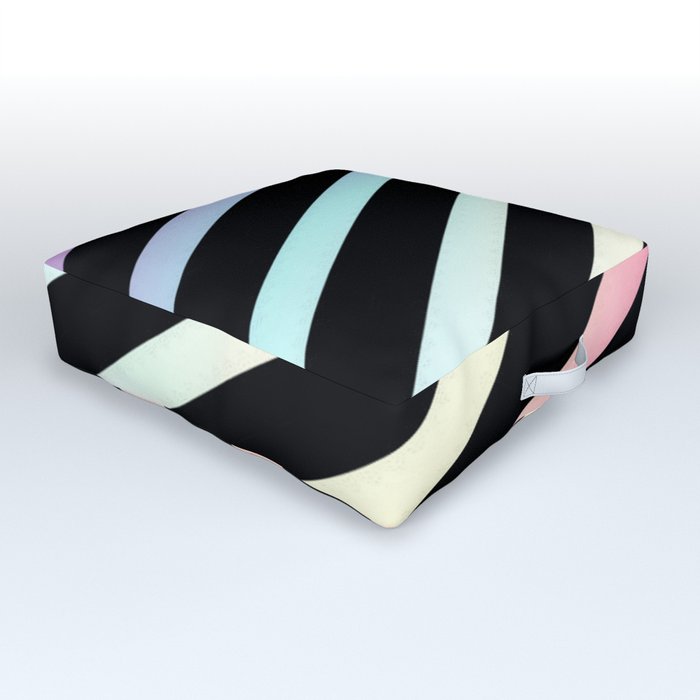 Diagonal Rainbow Stripes on Black Pink Aqua Lavender Outdoor Floor Cushion