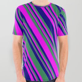 [ Thumbnail: Sea Green, Fuchsia, and Blue Colored Lined/Striped Pattern All Over Graphic Tee ]