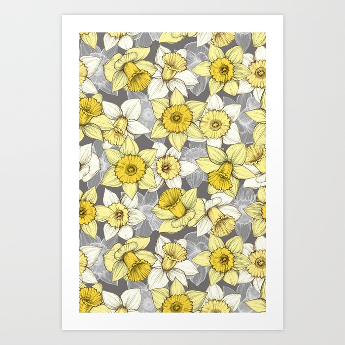 Daffodil Daze - yellow & grey daffodil illustration pattern Art Print