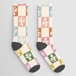 Vintage Mushroom Gradient Checkered  Socks | Retro, Mushroom, Digital, Boho, Pastel, Hippie, Groovy, Drawing, 70S, Minimalist 