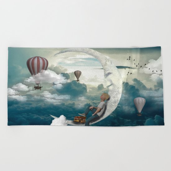 The boy and moon Beach Towel