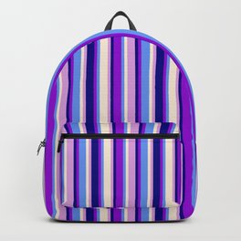 [ Thumbnail: Colorful Blue, Dark Violet, Cornflower Blue, Beige, and Plum Colored Lined Pattern Backpack ]