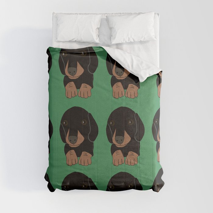 Dachshund Puppies Galore! Comforter | Drawing, Digital, Dachshund-puppy, Dachshund-puppies, Dachshund, Cute, Green, Brown, Black, Gifts