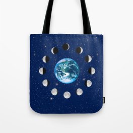 Earth and Moon Phases, on a Background of Stars Tote Bag