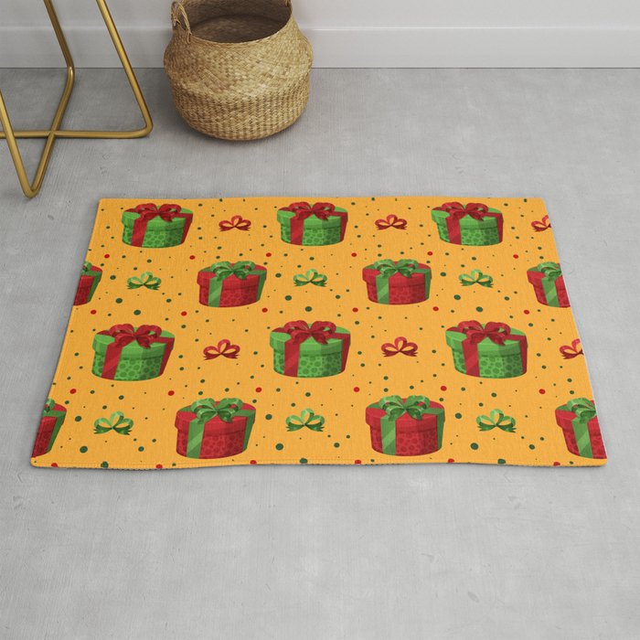 Christmas Pattern Yellow Green Gifts Bow Rug