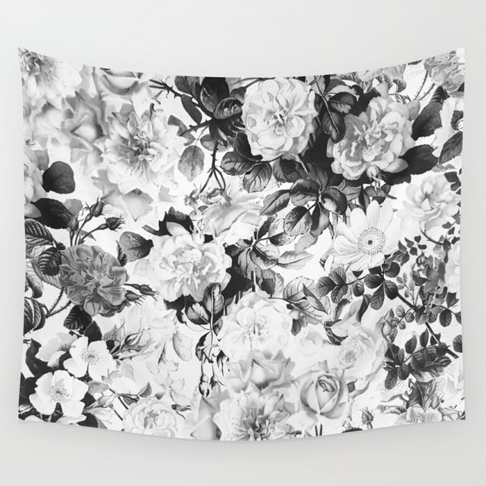 Black gray modern watercolor roses floral pattern Wall Tapestry