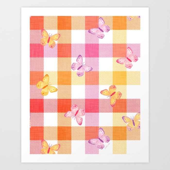 Checks and Butterflies Pink Orange Yellow Art Print
