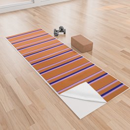 [ Thumbnail: Chocolate, Plum, and Blue Colored Lined/Striped Pattern Yoga Towel ]