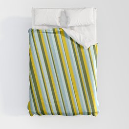 [ Thumbnail: Light Blue, Yellow, Dark Olive Green & Light Cyan Colored Lined/Striped Pattern Duvet Cover ]