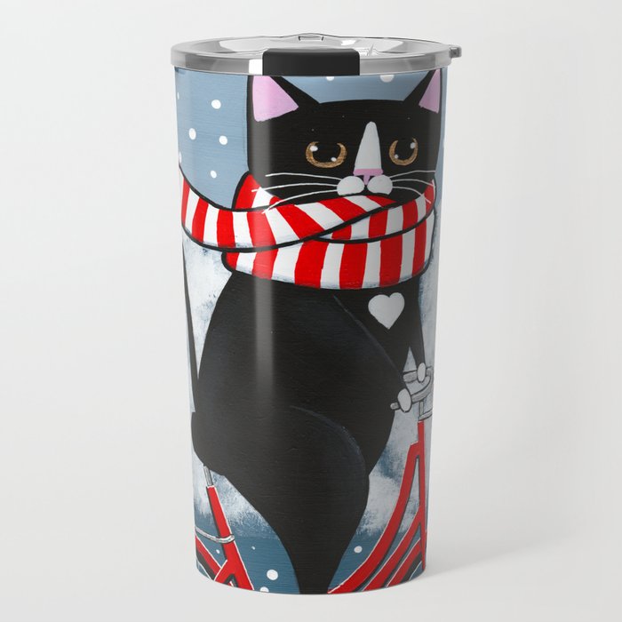 Winter Tuxedo Cat Bicycle Ride Travel Mug