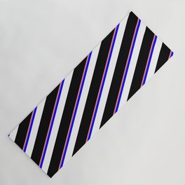[ Thumbnail: Light Coral, Blue, White & Black Colored Striped Pattern Yoga Mat ]