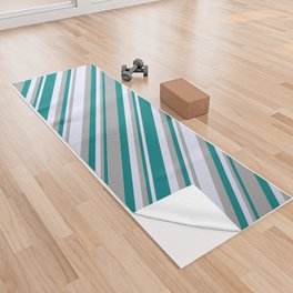 [ Thumbnail: Dark Grey, Lavender, and Teal Colored Stripes Pattern Yoga Towel ]