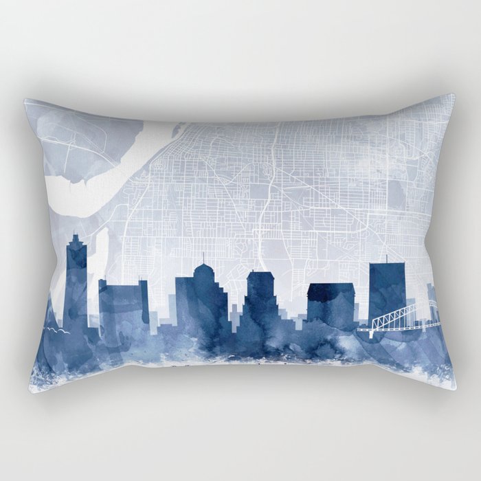 Memphis Skyline & Map Watercolor Navy Blue Print by Zouzounio Art Rectangular Pillow