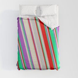 [ Thumbnail: Colorful Orchid, Green, Red, Light Gray, and Beige Colored Striped/Lined Pattern Duvet Cover ]