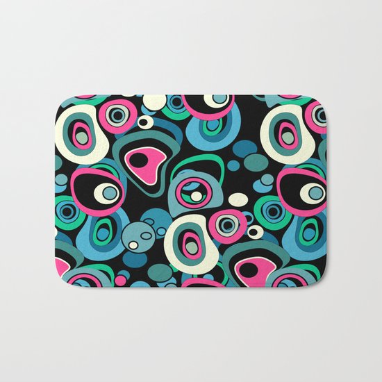 Abstract black and pink , turquoise polka dot pattern . Bath Mat