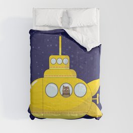 Yellow submarine in deep sea with a cat and bubbles Comforter