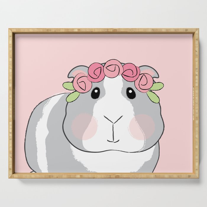 Adorable Grey Guinea Pig with Pink Rosebuds Serving Tray