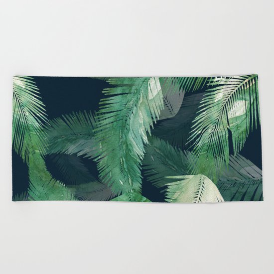 Tropical Leaves at Night Beach Towel