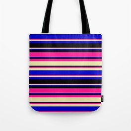 [ Thumbnail: Deep Pink, Pale Goldenrod, Blue, and Black Colored Striped/Lined Pattern Tote Bag ]