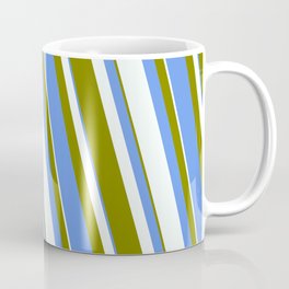 [ Thumbnail: Mint Cream, Green & Cornflower Blue Colored Striped/Lined Pattern Coffee Mug ]