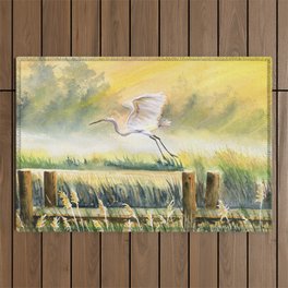 Egret Flying Over Marsh  Outdoor Rug