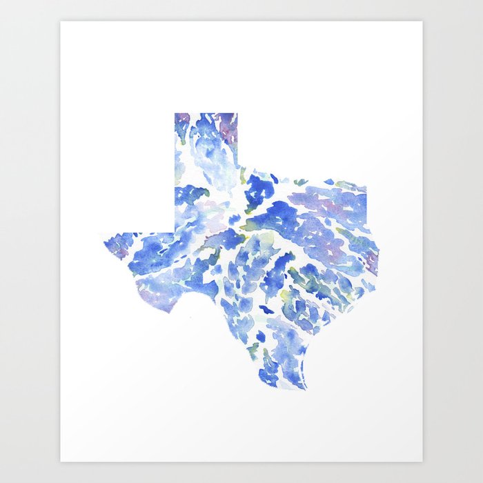 Texas Map Watercolor Art Print State Flower Bluebonnets Floral